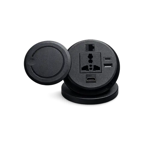 Round Plastic Desk Cable Cubby with Power, HDMI, RJ45, USB-A and USB-C product image