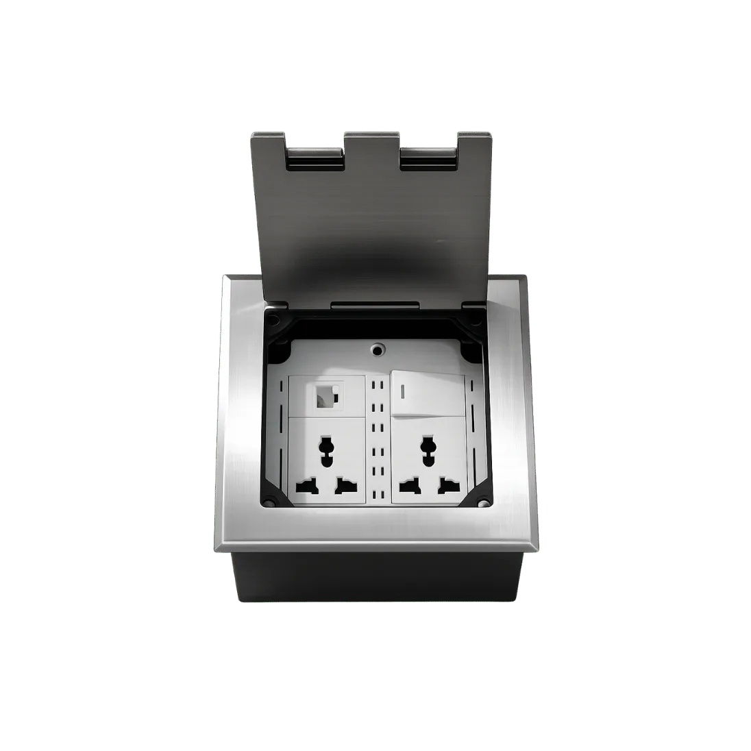 Stainless-Steel Floor Outlet Box with 2 Power Sockets and 2 Switches, 2 POWER / 2 SWITCH FLOOR TYPE; Silver; FCC 02 product image