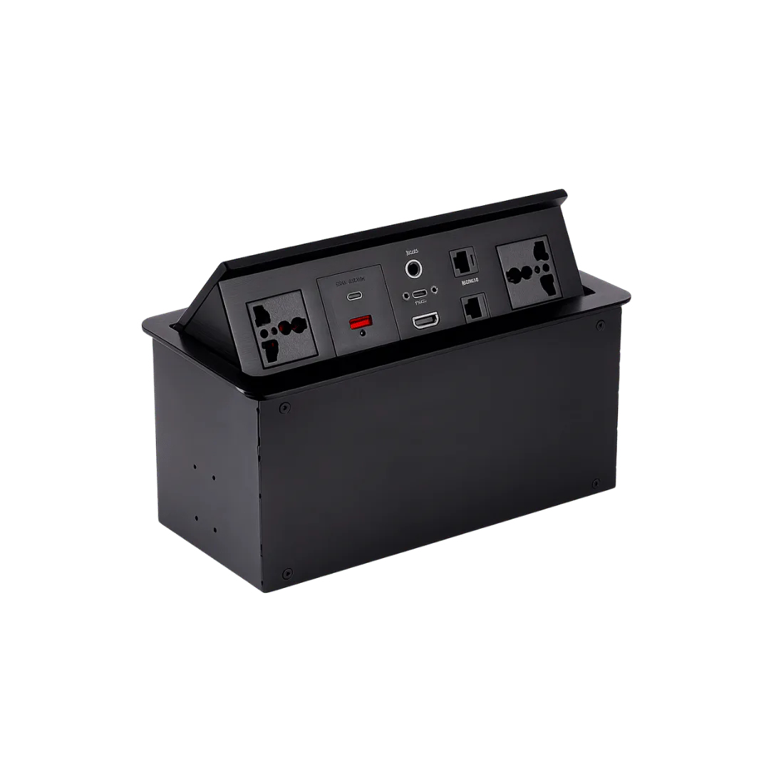 Hydraulic Cable Cubby with 2 Power Sockets, USB-A, USB-C, Dual RJ45, HDMI and Audio, 2 POWER SOCKETS / 1 USB-A / 1 USB-C / 2 RJ45 / 1 HDMI / 1 3.5 MM AUDIO; Black; CC513 product image