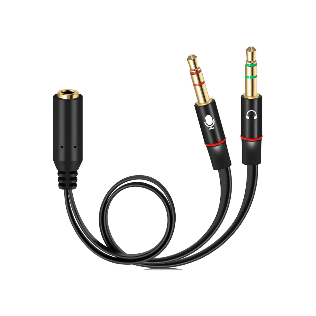 3.5 mm Headset Audio and Microphone Splitter Cable, 3.5MM FEMALE HEADSET JACK; 2X 3.5MM MALE PLUGS (AUDIO AND MICROPHONE); Black; 0.2 M; CBL 003 product image