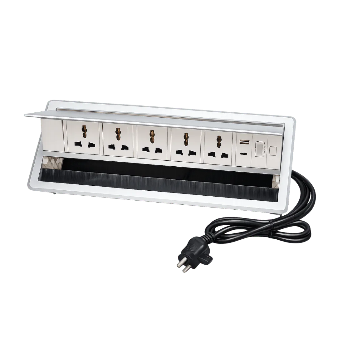 Brush Cable Cubby with 4 Power Sockets, HDMI, RJ45, USB-A and USB-C, 4 POWER / 1 SWITCH / 1 HDMI / 1 RJ45 / 1 USB / 1 TYPE C; CC 511 product image