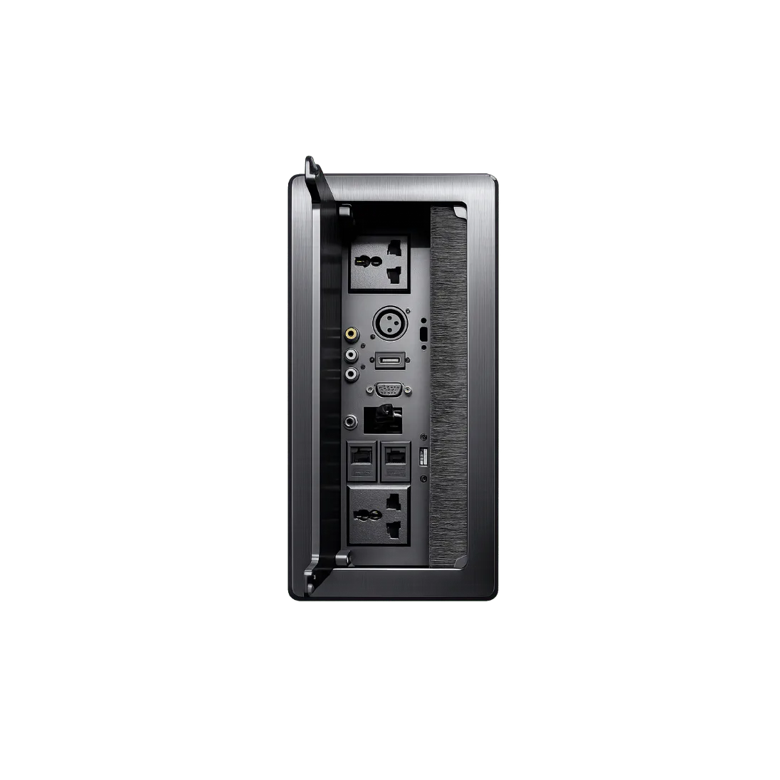 Brush Flap Cable Cubby with Power, AV and Data Modules, 2 POWER / 2 RJ 45 / 1 HDMI / 1 USB / 1 VGA / 1 AUDIO / 1XLR FEMALE / 1TYPE C / 3 RCA SOCKET; Silver; 30 CM; CC 506 product image