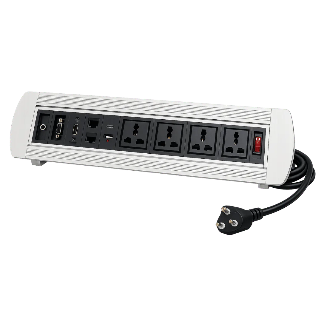 Motorized Conference Table Cable Cubby with Power, USB, AV and Data, 3 POWER / ON OFF SWITCH / 1 USB / 1 TYPE C / 2 RJ45 / 1 HDMI / 1 VGA / 1 AUDIO; Silver; 1.5 MTR; CCM 02 product image