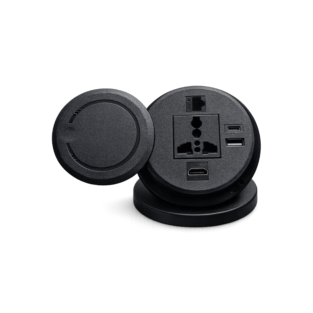 Round Plastic Desk Cable Cubby with Power, HDMI, RJ45, USB-A and USB-C, 1 POWER / 1 RG 45 / 1 HDMI / 1 USB / 1 TYPE C; Black; 10 CM WIRE; RCC 01 product image