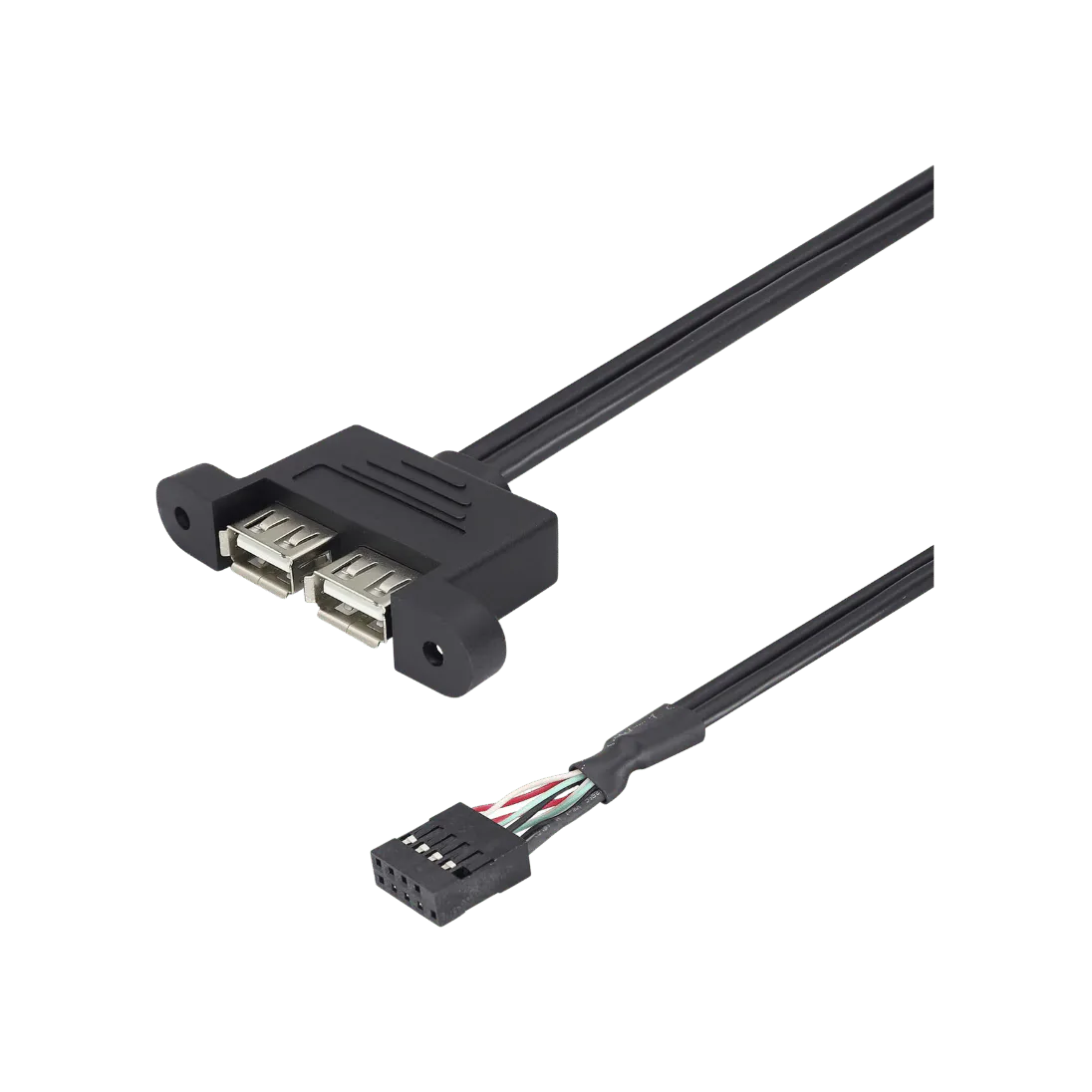 USB 2.0 9-Pin Header to Dual USB-A Female Panel-Mount Cable, 9-PIN INTERNAL USB 2.0 MOTHERBOARD HEADER; 2X USB-A FEMALE; Black; 0.3 M; CBL 004 product image