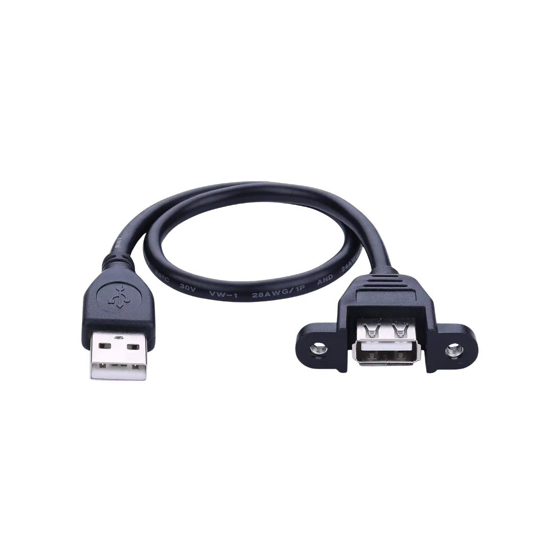 Micro-USB 2.0 Panel-Mount Extension Cable, 0.3M, Micro-USB Male to Female, 2-Screw Mount, Black — SKU 1 product image